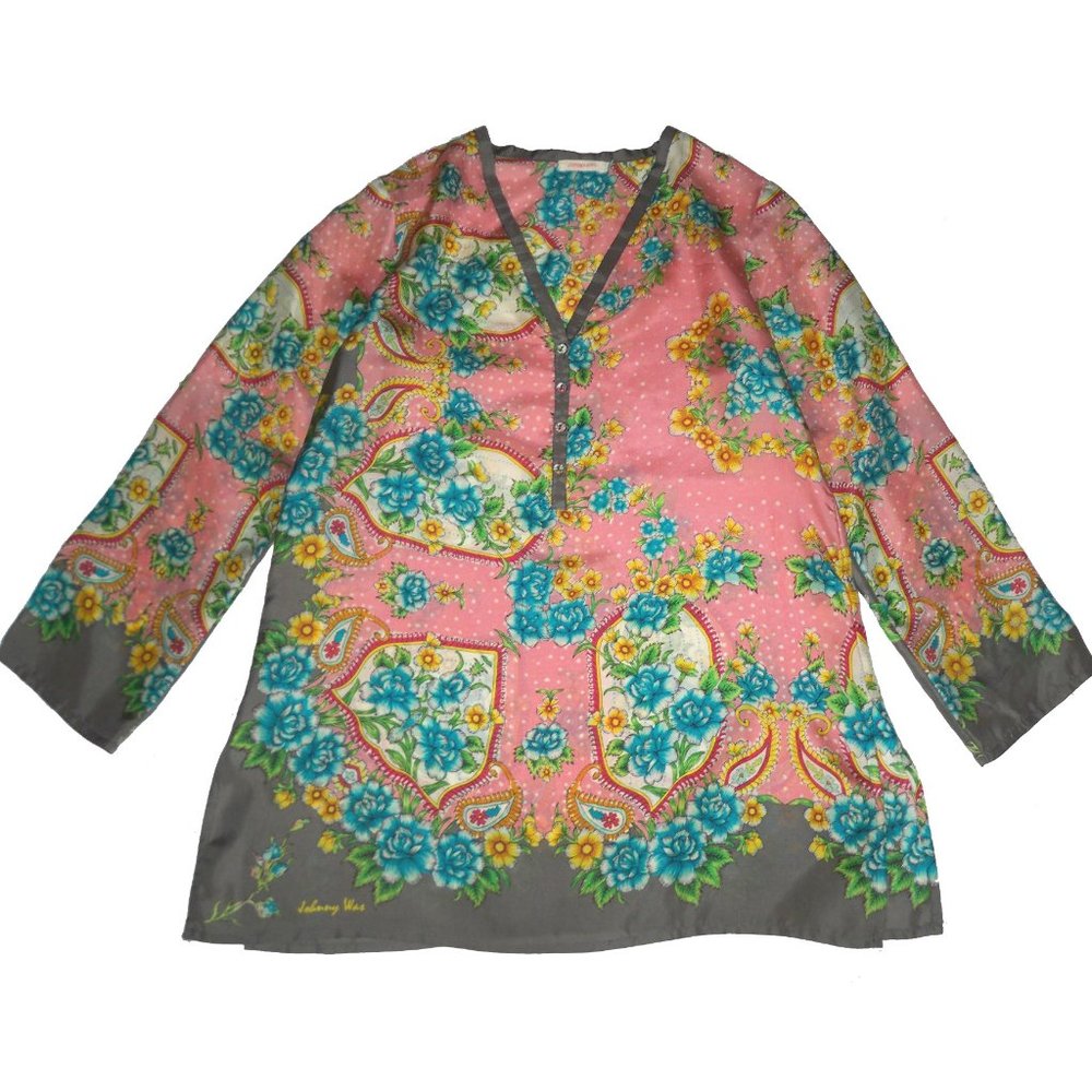 Johnny Was M Silk Floral Henley Tunic Logo